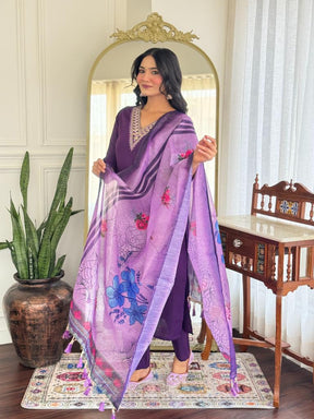 Women’s Purple Embroidered Kurta Set with Printed Dupatta & Pants