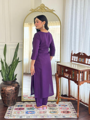 Women’s Purple Embroidered Kurta Set with Printed Dupatta & Pants