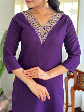 Women’s Purple Embroidered Kurta Set with Printed Dupatta & Pants