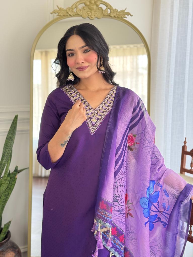 Women’s Purple Embroidered Kurta Set with Printed Dupatta & Pants