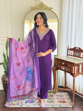 Women’s Purple Embroidered Kurta Set with Printed Dupatta & Pants