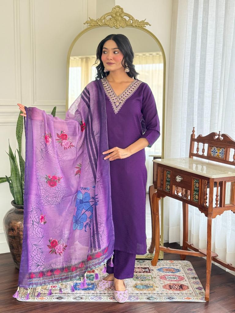 Women’s Purple Embroidered Kurta Set with Printed Dupatta & Pants