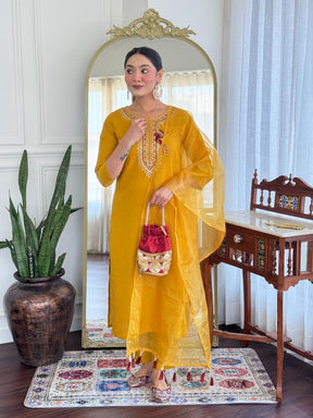 Women’s Mustard Yellow Embroidered Kurta Set with Dupatta & Pants