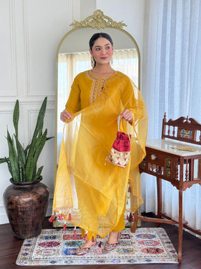 Women’s Mustard Yellow Embroidered Kurta Set with Dupatta & Pants