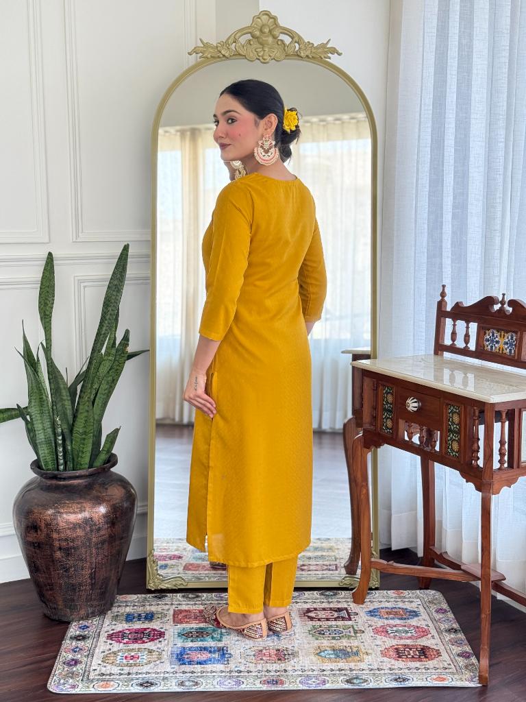 Women’s Mustard Yellow Embroidered Kurta Set with Dupatta & Pants