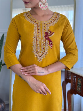 Women’s Mustard Yellow Embroidered Kurta Set with Dupatta & Pants