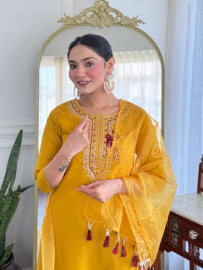 Women’s Mustard Yellow Embroidered Kurta Set with Dupatta & Pants