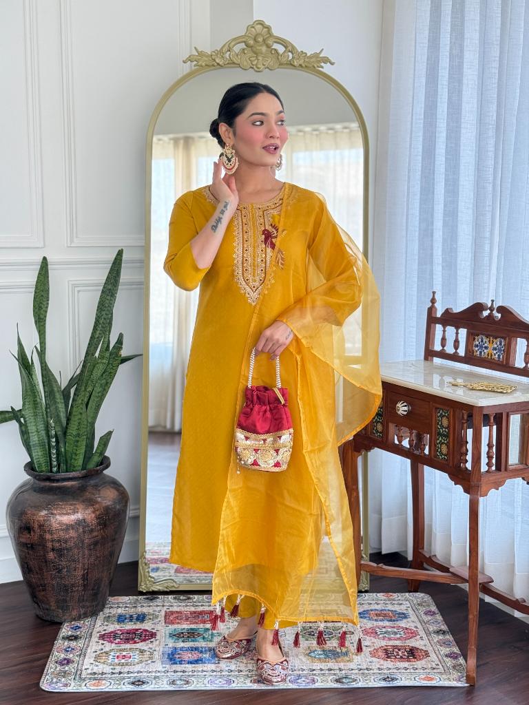 Women’s Mustard Yellow Embroidered Kurta Set with Dupatta & Pants