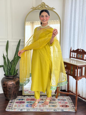 Women’s Yellow Embroidered Kurta Set with Dupatta & Pants