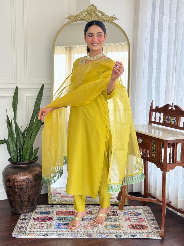 Women’s Yellow Embroidered Kurta Set with Dupatta & Pants