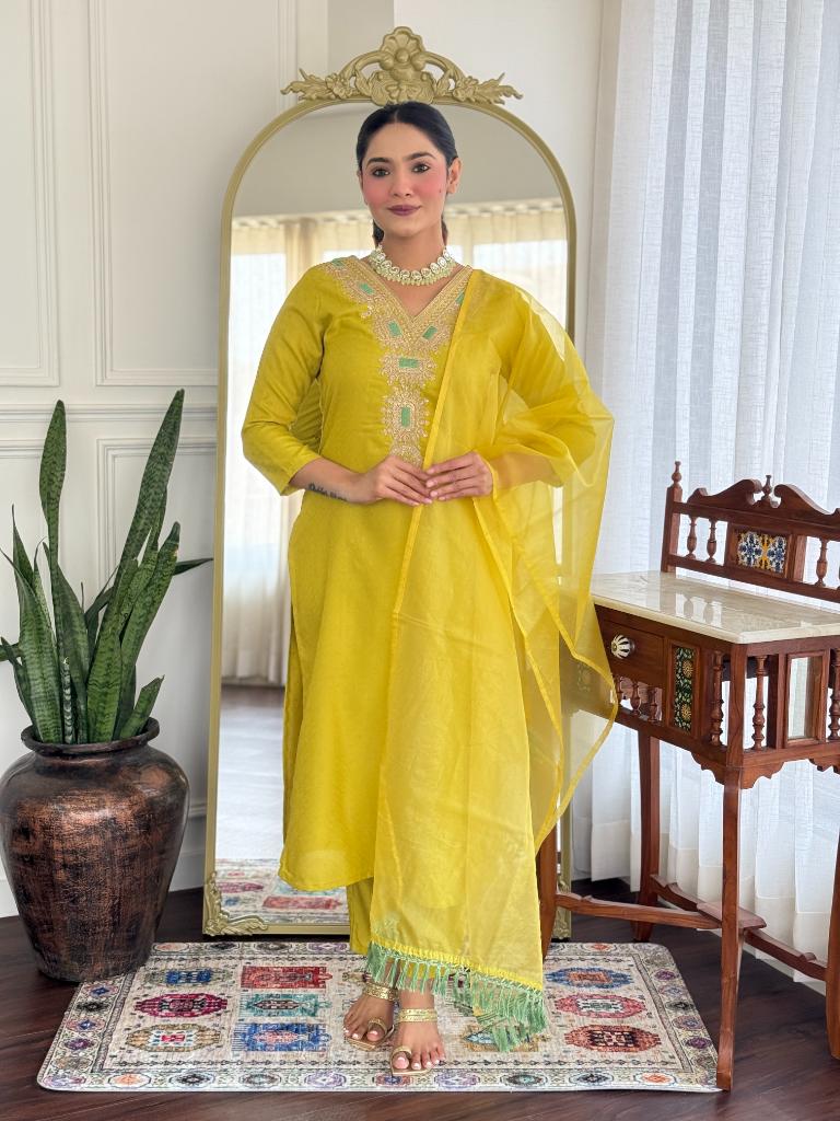 Women’s Yellow Embroidered Kurta Set with Dupatta & Pants