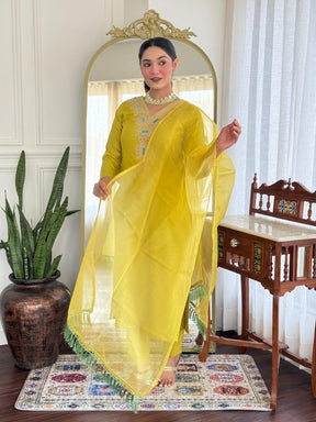 Women’s Yellow Embroidered Kurta Set with Dupatta & Pants