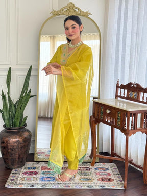 Women’s Yellow Embroidered Kurta Set with Dupatta & Pants