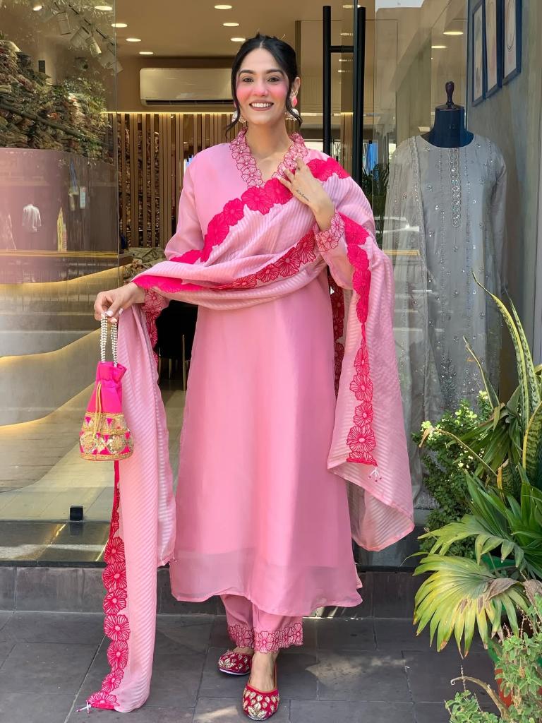 Women’s Pink Embroidered Kurta Set with Dupatta & Pants