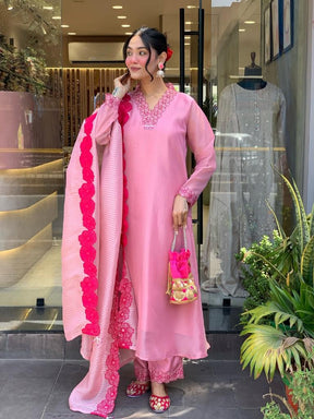 Women’s Pink Embroidered Kurta Set with Dupatta & Pants