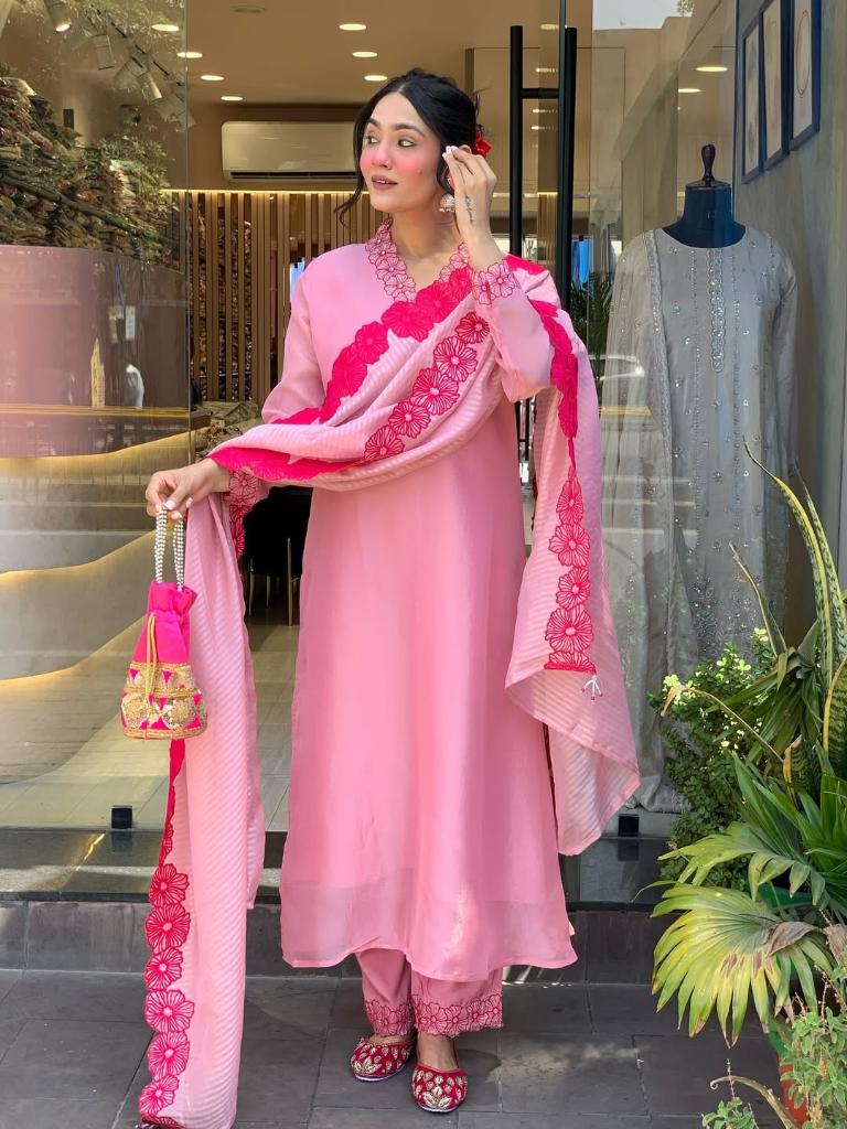 Women’s Pink Embroidered Kurta Set with Dupatta & Pants