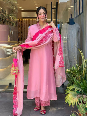 Women’s Pink Embroidered Kurta Set with Dupatta & Pants