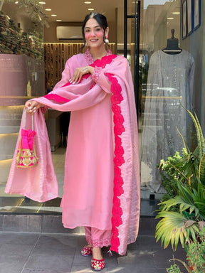 Women’s Pink Embroidered Kurta Set with Dupatta & Pants