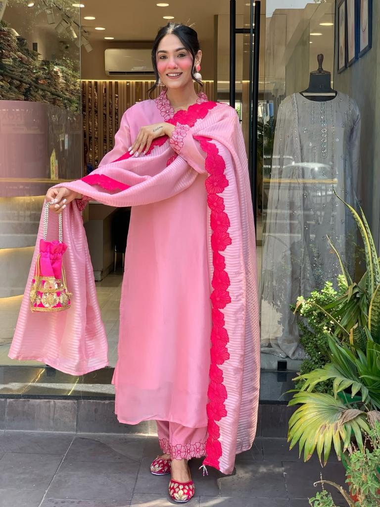 Women’s Pink Embroidered Kurta Set with Dupatta & Pants