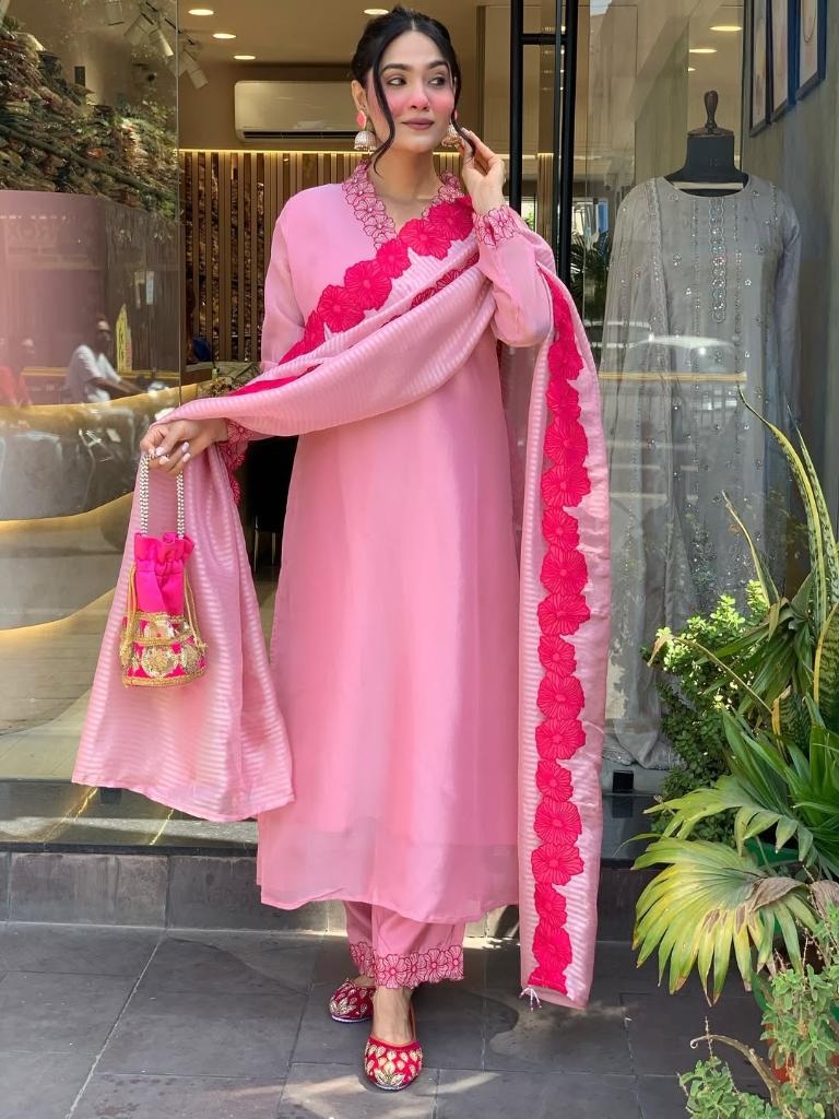 Women’s Pink Embroidered Kurta Set with Dupatta & Pants