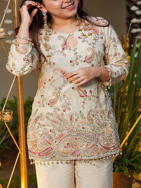 Women Off White Embroidered Kurta Palazzo Set