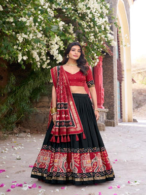 Women’s Black Lehenga Choli Set with Red Printed Dupatta