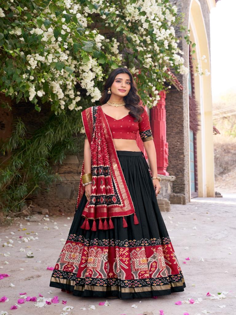 Women’s Black Lehenga Choli Set with Red Printed Dupatta