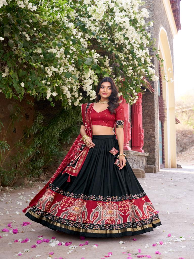Women’s Black Lehenga Choli Set with Red Printed Dupatta
