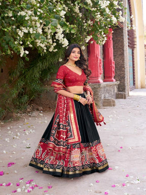 Women’s Black Lehenga Choli Set with Red Printed Dupatta