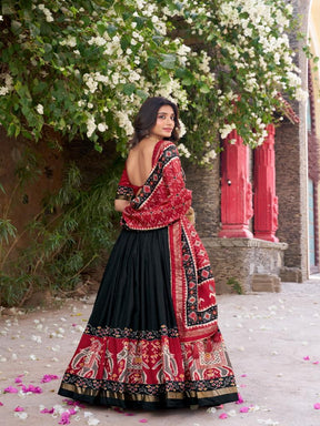 Women’s Black Lehenga Choli Set with Red Printed Dupatta