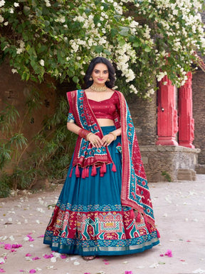 Women’s Blue Lehenga Choli Set with Red Printed Dupatta 