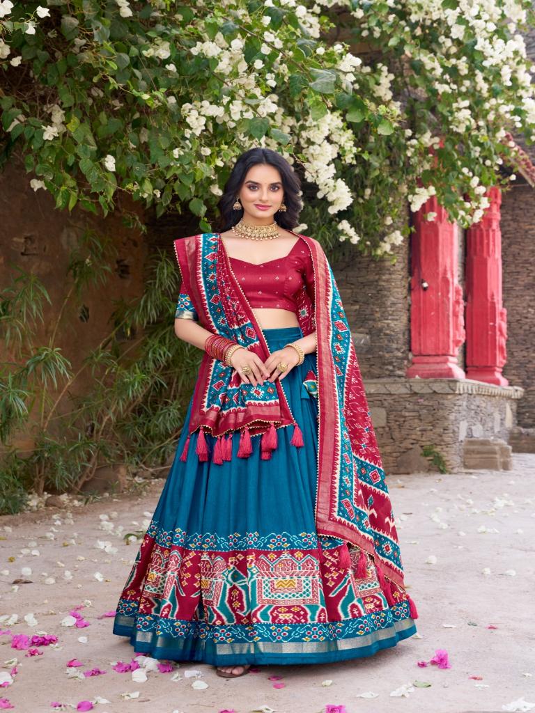 Women’s Blue Lehenga Choli Set with Red Printed Dupatta 