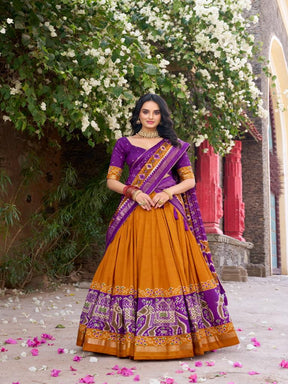 Women’s Mustard Lehenga Choli Set with Purple Printed Dupatta