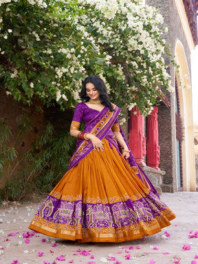 Women’s Mustard Lehenga Choli Set with Purple Printed Dupatta