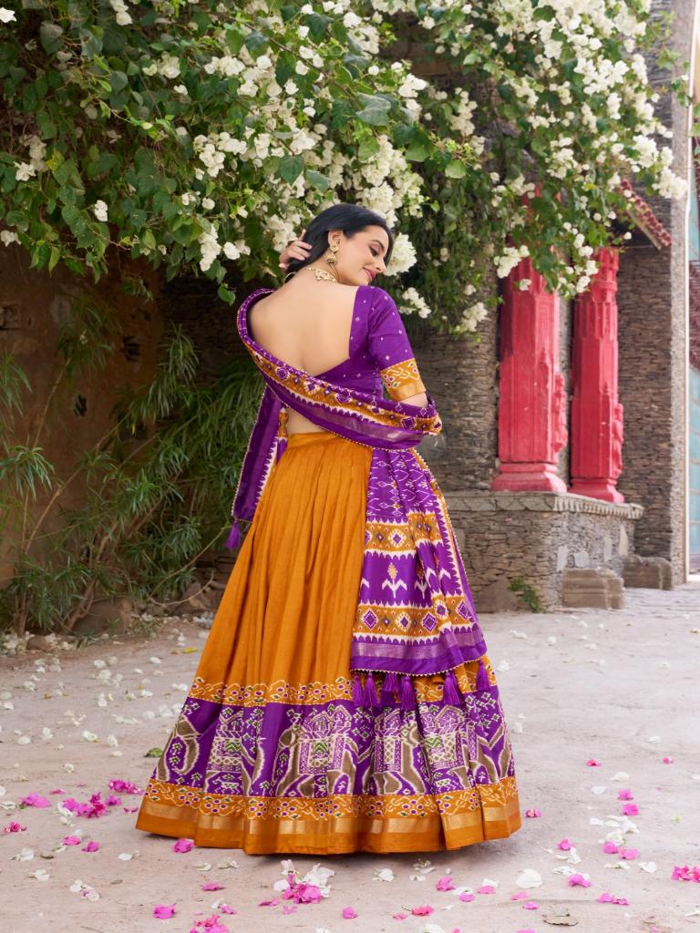 Women’s Mustard Lehenga Choli Set with Purple Printed Dupatta