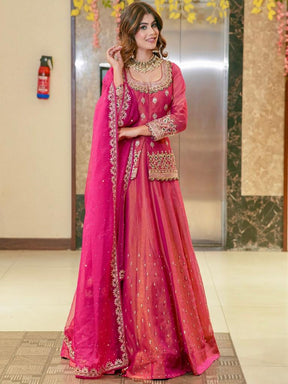 Women Pink Embroidered Anarkali Gown with Dupatta Ethnic Party