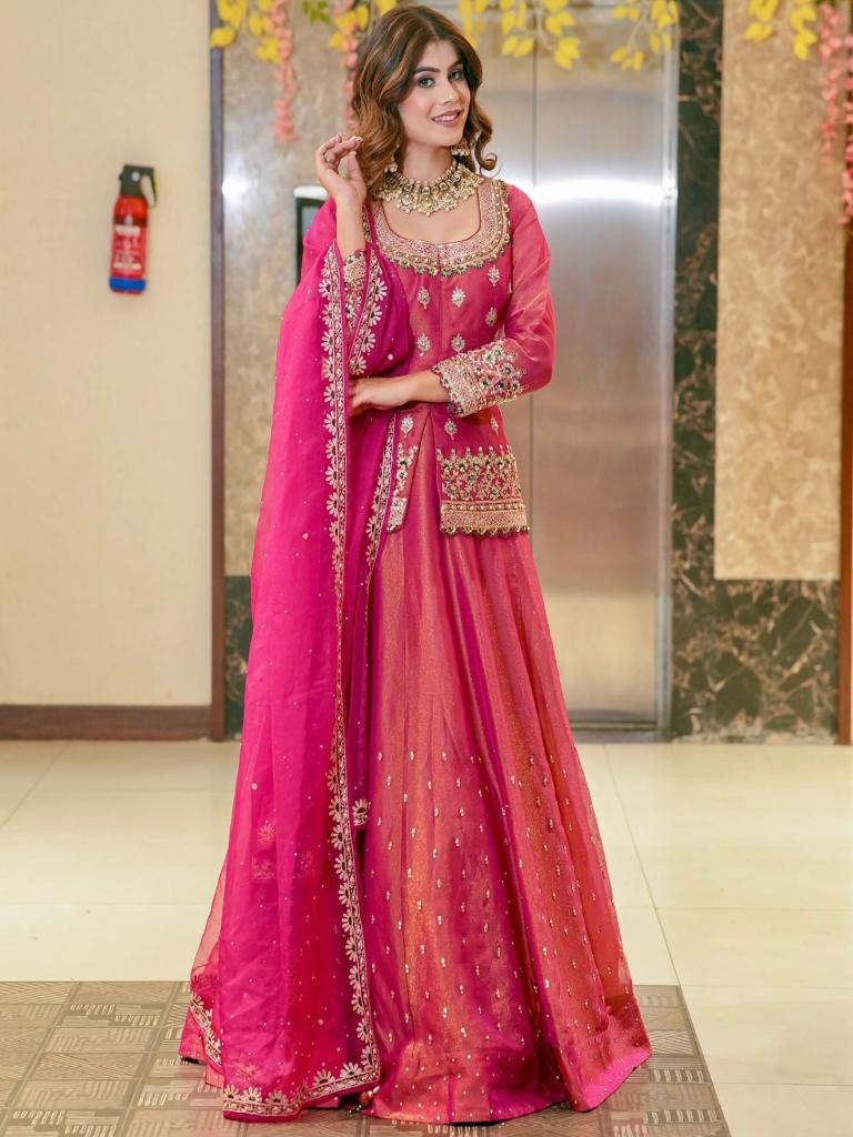 Women Pink Embroidered Anarkali Gown with Dupatta Ethnic Party