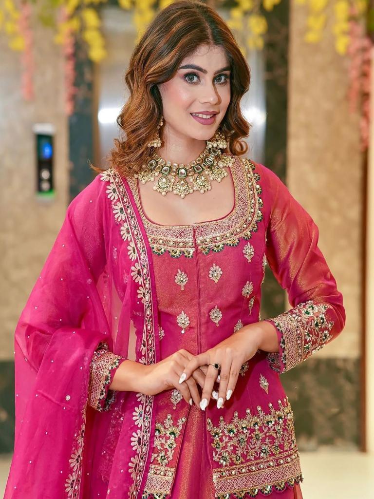 Women Pink Embroidered Anarkali Gown with Dupatta Ethnic Party
