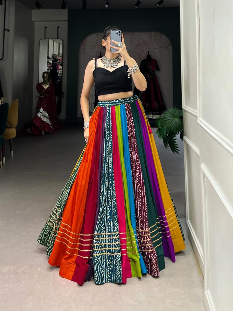 Women’s Multicolor Printed Lehenga with Black Blouse
