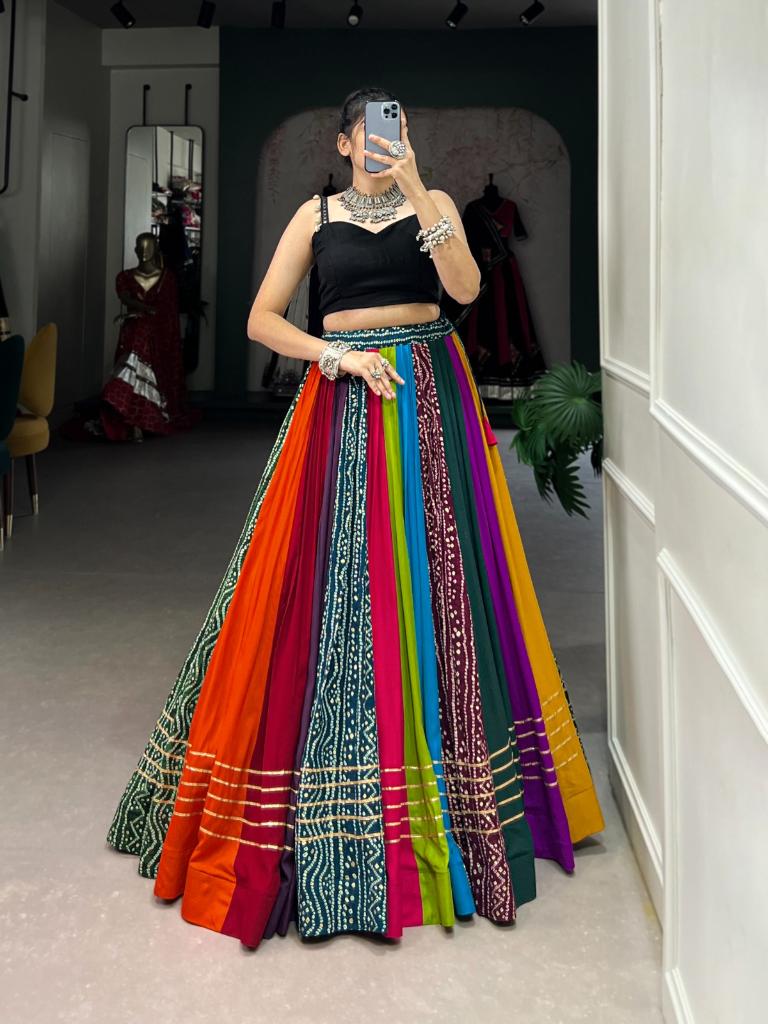 Women’s Multicolor Printed Lehenga with Black Blouse