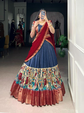Women’s Blue Printed Lehenga Choli Set with Red Dupatta