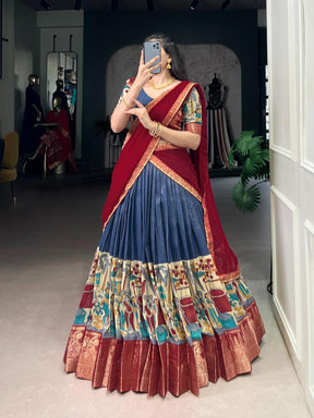 Women’s Blue Printed Lehenga Choli Set with Red Dupatta