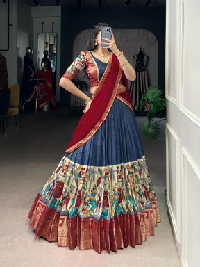 Women’s Blue Printed Lehenga Choli Set with Red Dupatta