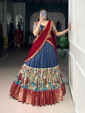 Women’s Blue Printed Lehenga Choli Set with Red Dupatta