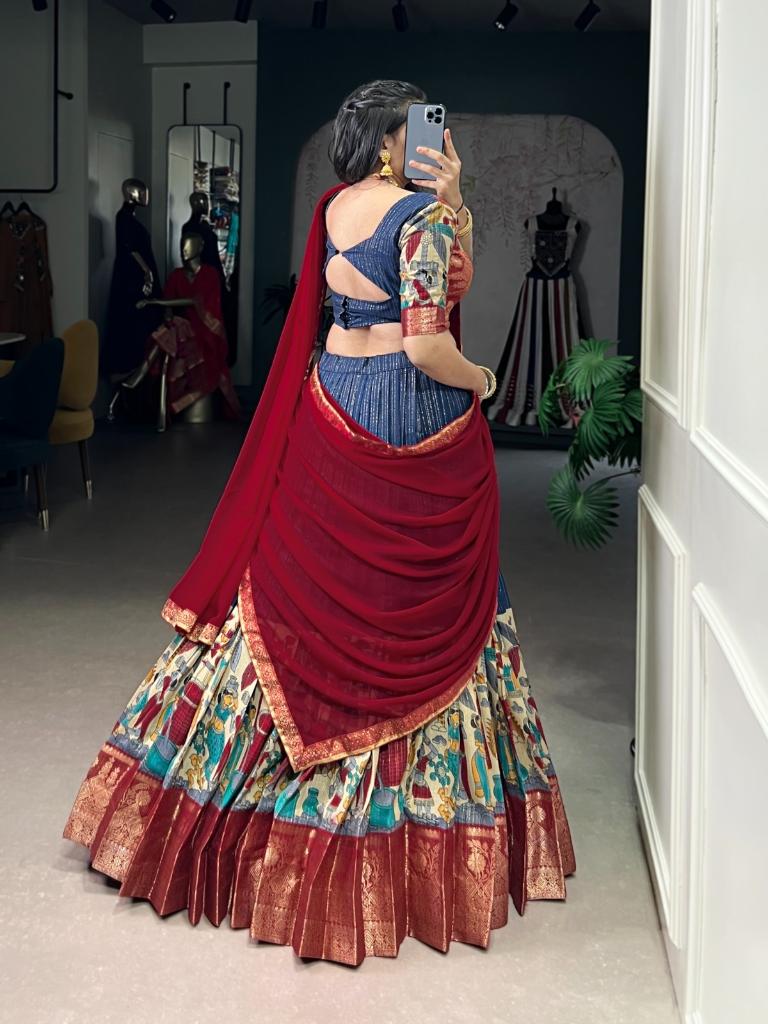 Women’s Blue Printed Lehenga Choli Set with Red Dupatta