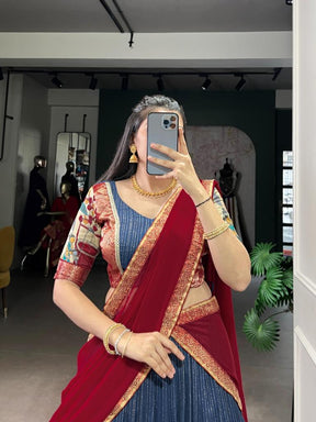 Women’s Blue Printed Lehenga Choli Set with Red Dupatta