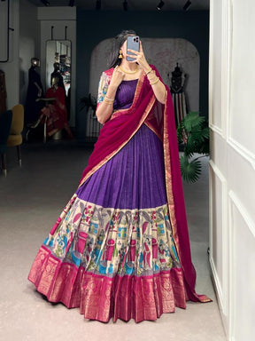 Women’s Purple Printed Lehenga Choli Set with Red Dupatta