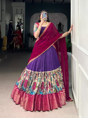 Women’s Purple Printed Lehenga Choli Set with Red Dupatta