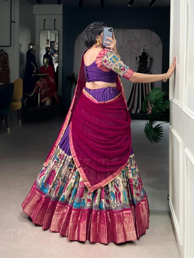 Women’s Purple Printed Lehenga Choli Set with Red Dupatta