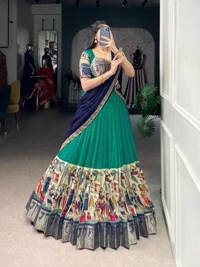 Women’s Green Printed Lehenga Choli Set with Red Dupatta